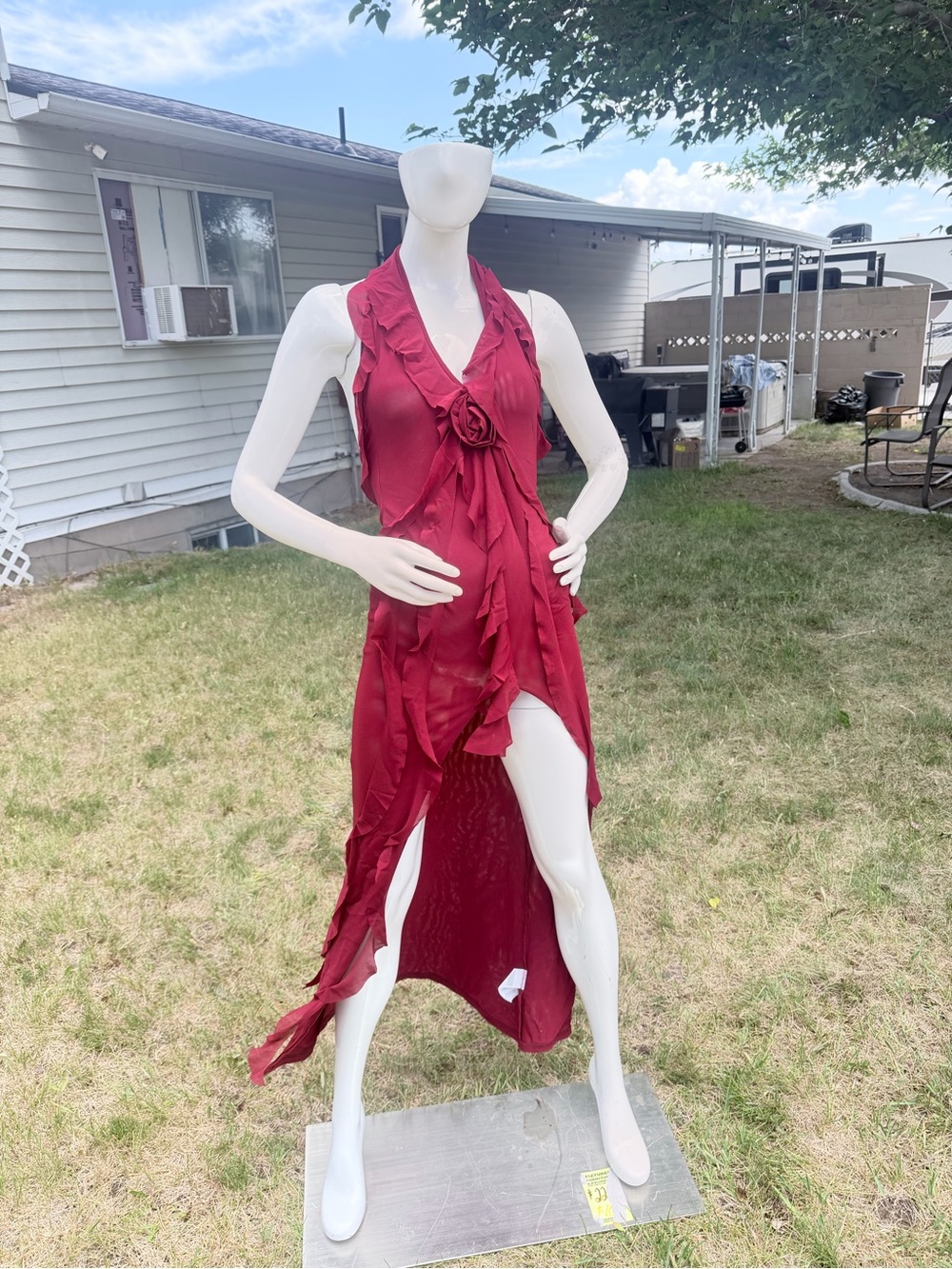 Sleeveless Red High-Low Ruffle Dress with Rose Accent